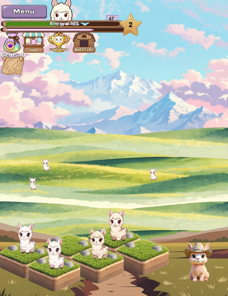 Stage 3 gameplay: grassy merge platforms, wandering alpacas, mountains, and Sheriff Woolie watching the farm